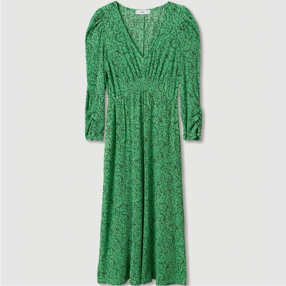 MANGO Green Floral Print Long Sleeve Midi Dress | Size 8